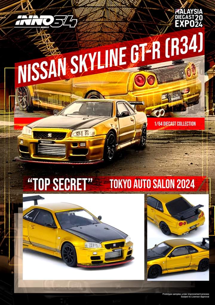 Inno64 1/64 Top Secret Nissan Skyline GT-R (R34) - Gold (MALAYSIA DIECAST EXPO 2024 SPECIAL EDITION)