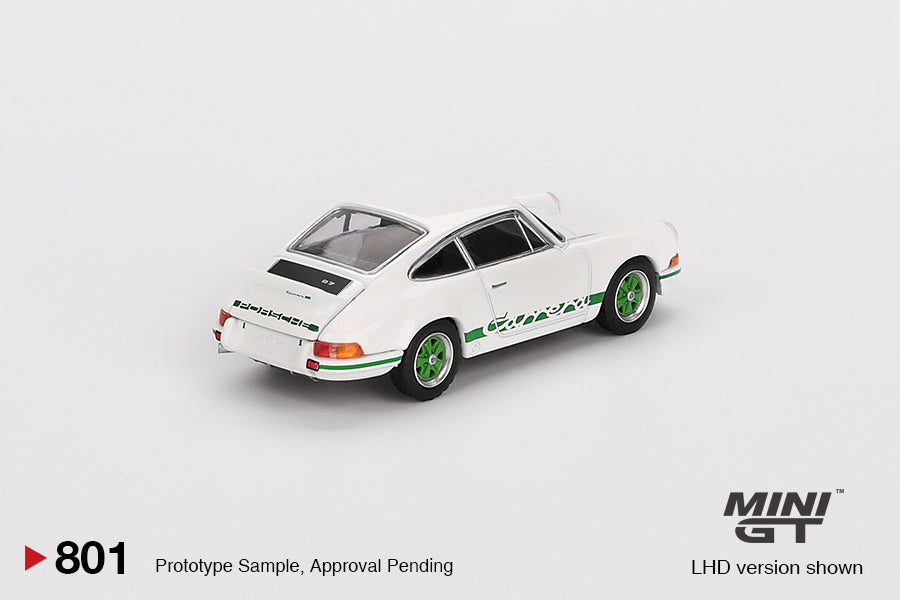 Mini GT 1/64 Porsche 911 Carrera RS 2.7 (#801) - Grand Prix White with Green Livery