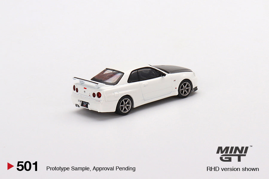 Mini GT 1/64 Nissan Skyline GT-R (R34) V-Spec II N1 (#501) White/Carbon