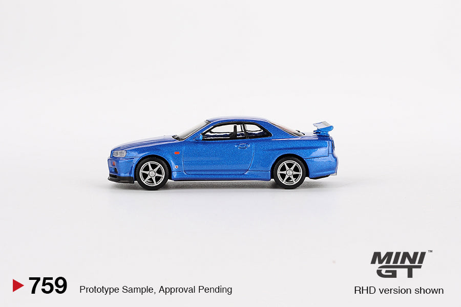 Mini GT 1/64 Nissan Skyline GT-R (R34) V-Spec (#759) - Bayside Blue