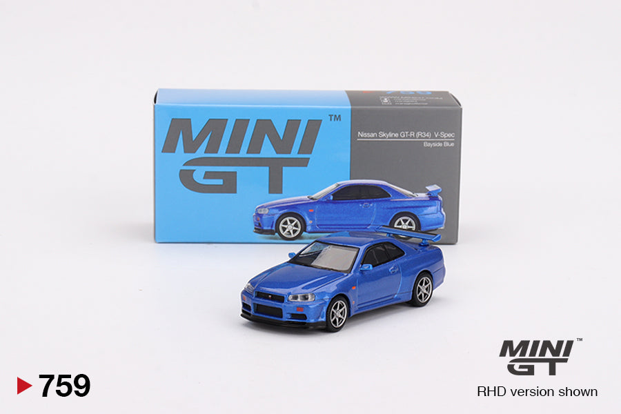 Mini GT 1/64 Nissan Skyline GT-R (R34) V-Spec (#759) - Bayside Blue