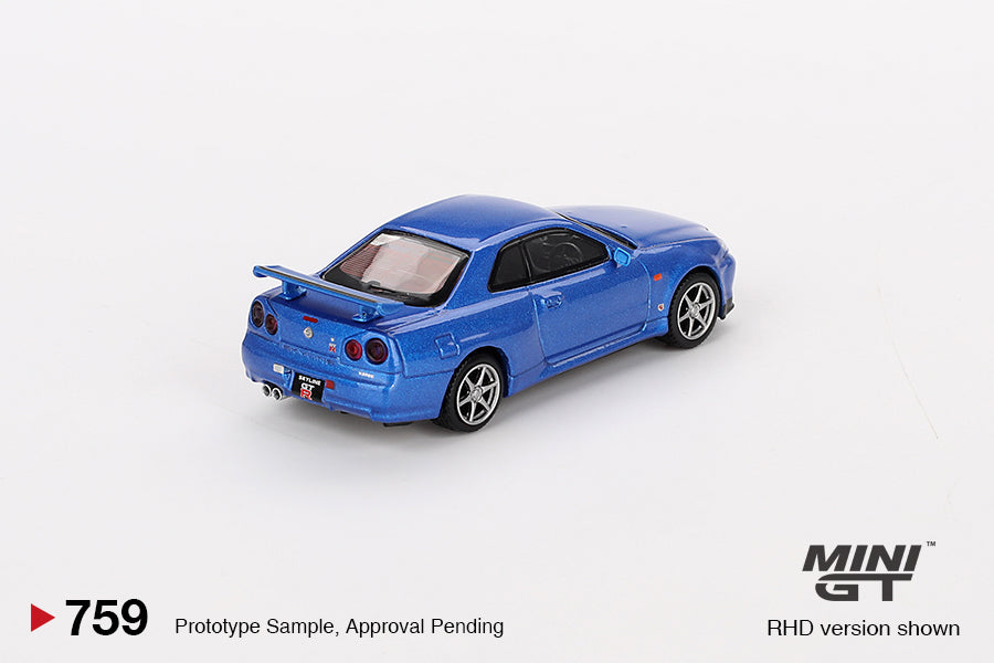 Mini GT 1/64 Nissan Skyline GT-R (R34) V-Spec (#759) - Bayside Blue