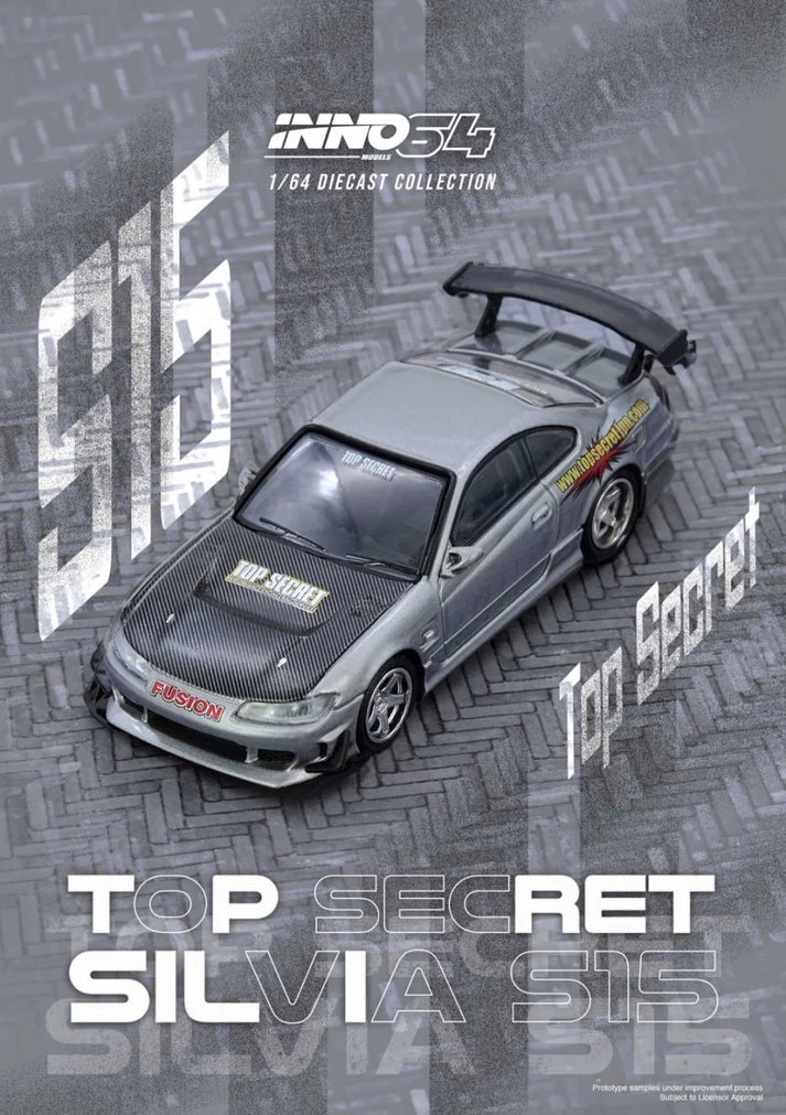 Inno64 1/64 Top Secret Nissan Silvia (S15) - Silver W/Carbon