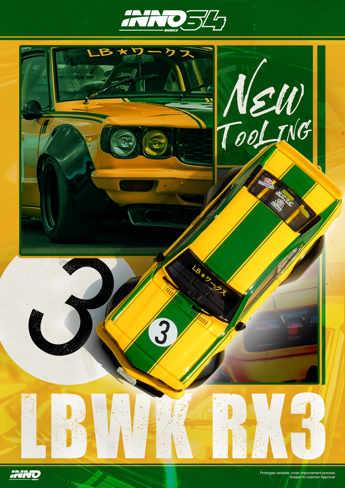 Inno64 1/64 LBWK Mazda RX3 Savanna - Yellow/Green