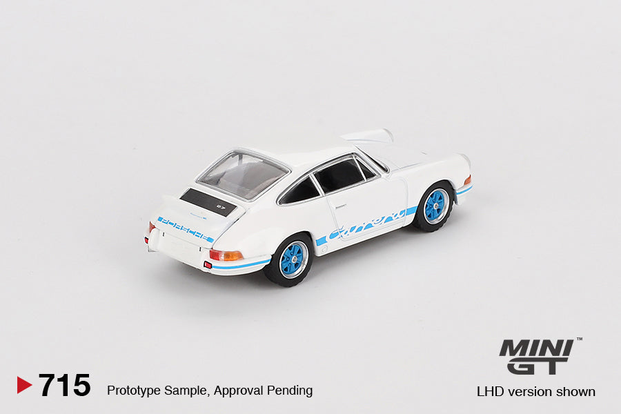 Mini GT 1/64 Porsche 911 Carrera RS 2.7 (#715) - Grand Prix White with Blue Livery