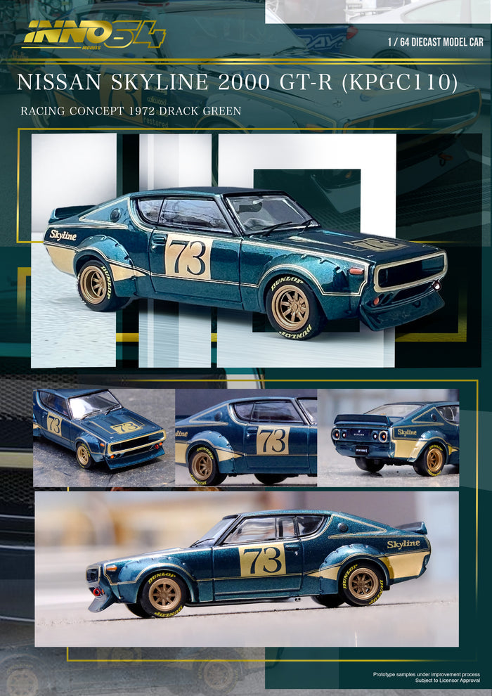 Inno64 1/64 Nissan Skyline 2000 GTR (KPGC110) - 1972 Racing Concept Drack Green