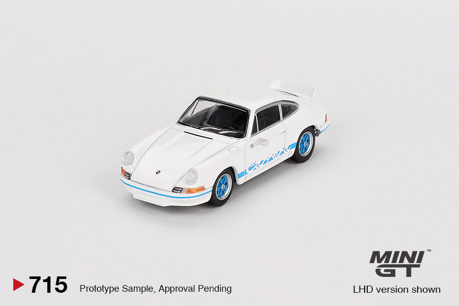 Mini GT 1/64 Porsche 911 Carrera RS 2.7 (#715) - Grand Prix White with Blue Livery