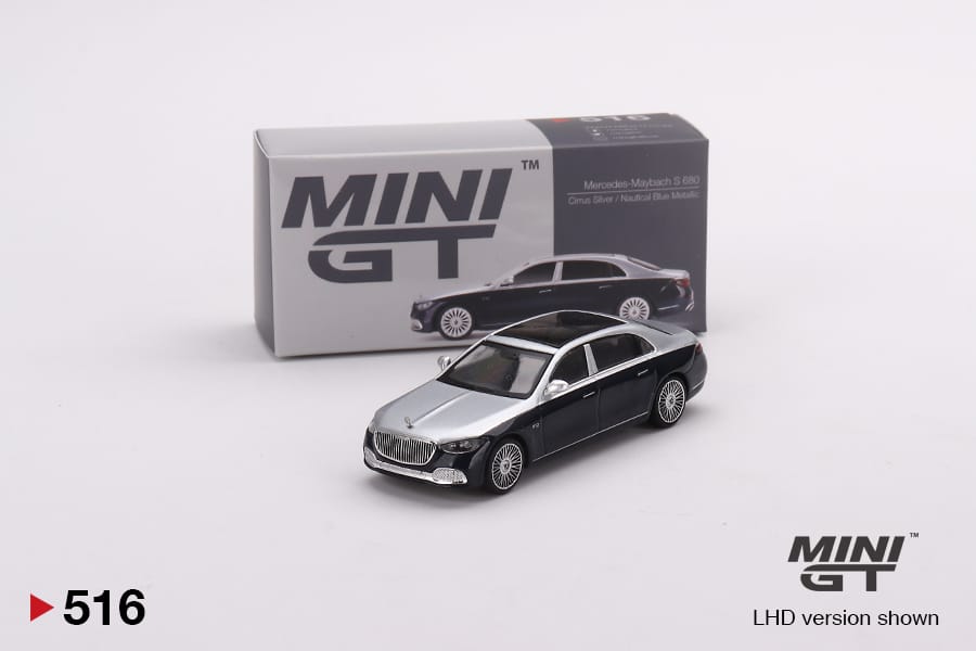 Mini GT 1/64 Mercedes-Maybach S680 (#516) - Cirrus Silver/Nautical Blue