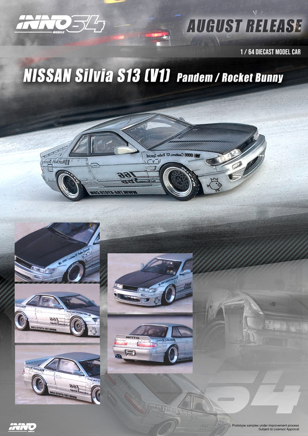 Inno64 1/64 Pandem Nissan Silvia S13 Pandem Rocket Bunny V.2 - Silver/Carbon Hood