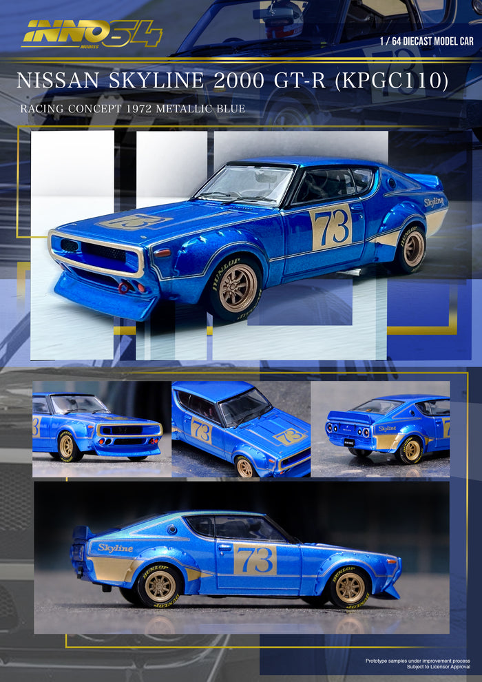 Inno64 1/64 Nissan Skyline 2000 GTR (KPGC110) - 1972 Racing Concept Metallic Blue