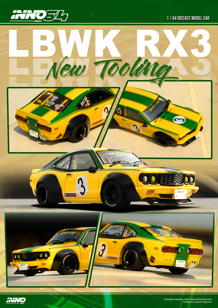 Inno64 1/64 LBWK Mazda RX3 Savanna - Yellow/Green