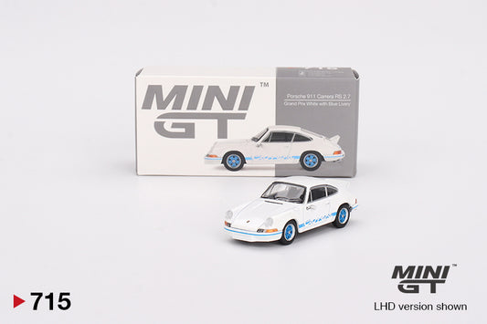 Mini GT 1/64 Porsche 911 Carrera RS 2.7 (#715) - Grand Prix White with Blue Livery