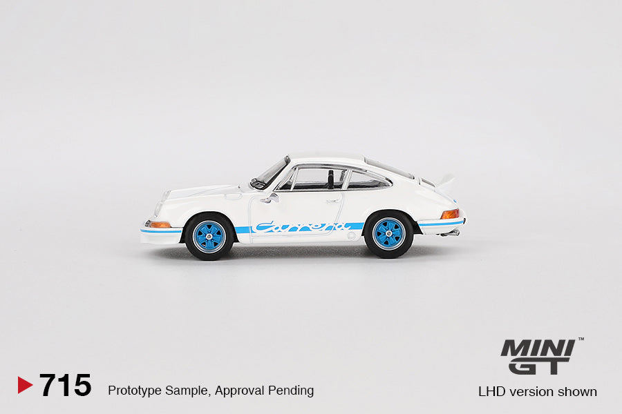 Mini GT 1/64 Porsche 911 Carrera RS 2.7 (#715) - Grand Prix White with Blue Livery